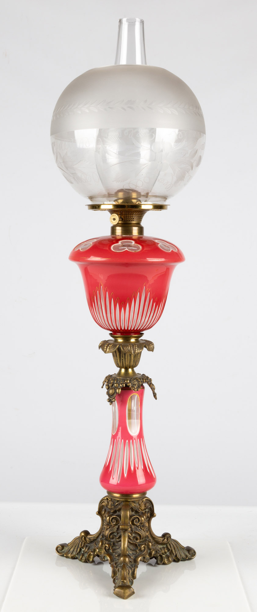 Appraisal: DOUBLE PINK OVERLAY OIL LAMP New York Mid th century