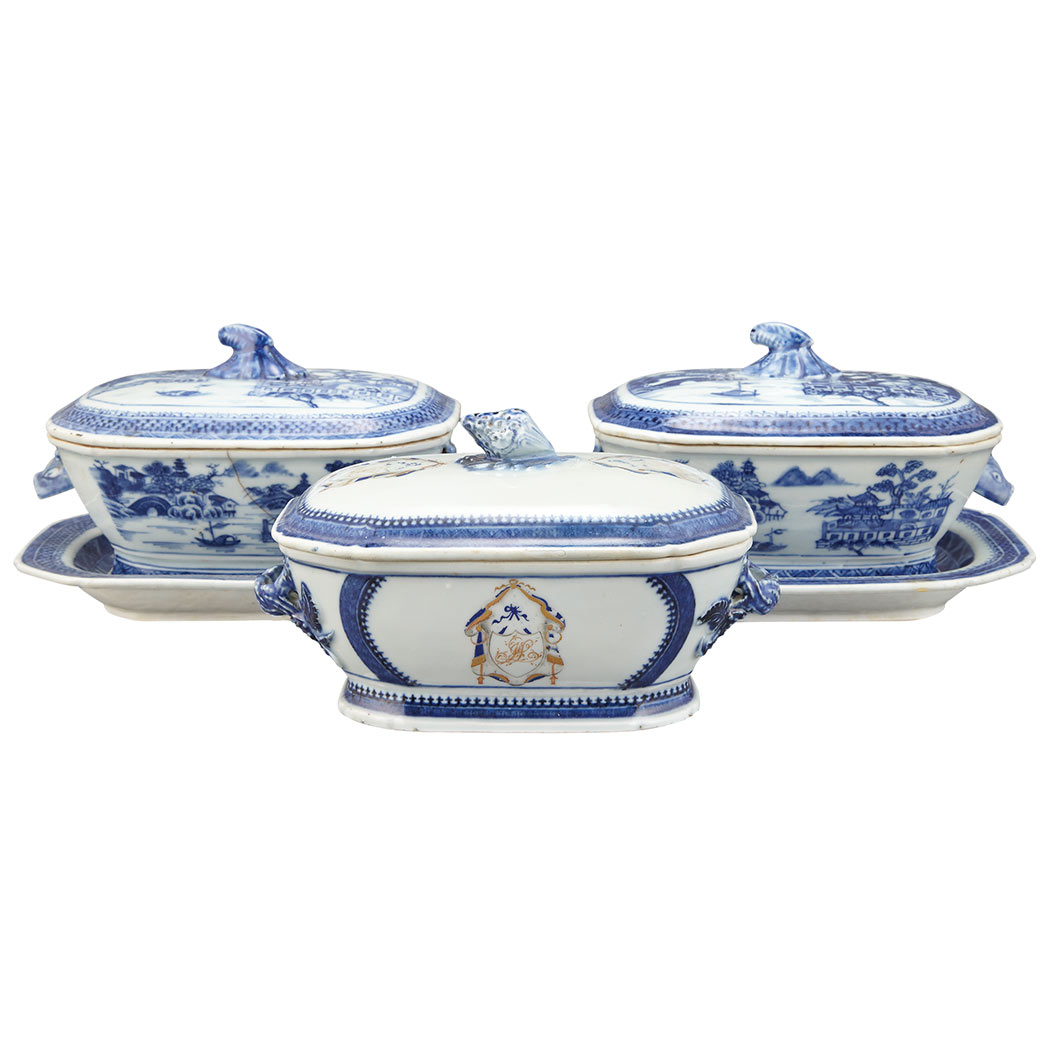 Appraisal: Two Similar Nanking Blue and White Porcelain Sauce Tureens Covers