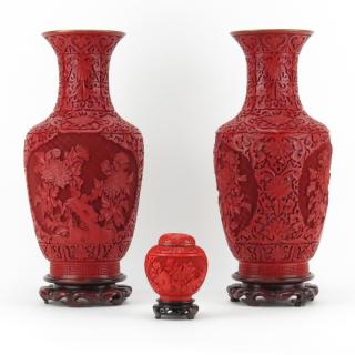 Appraisal: Three Chinese Cinnabar Style Tableware on Wooden Stands Three Chinese