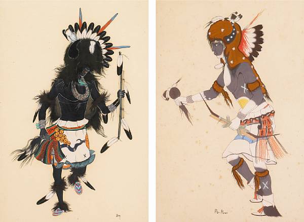 Appraisal: Two Southwest gouaches Each depicting a single Pueblo Buffalo dancer