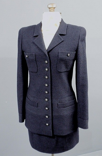 Appraisal: Chanel Boutique navy blue two-piece wool blend boucl suit single-breasted