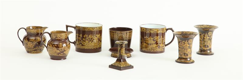 Appraisal: GROUP OF EIGHT BROWN-GLAZED YELLOW TRANSFERWARE TABLE ARTICLES Comprising a