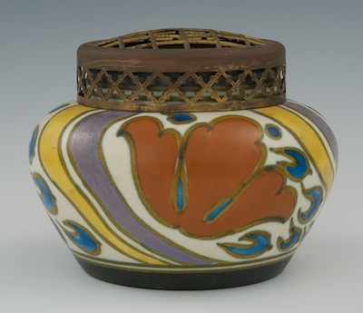 Appraisal: A Gouda Vase with Gilt Metal Potpourri Lid The glazed