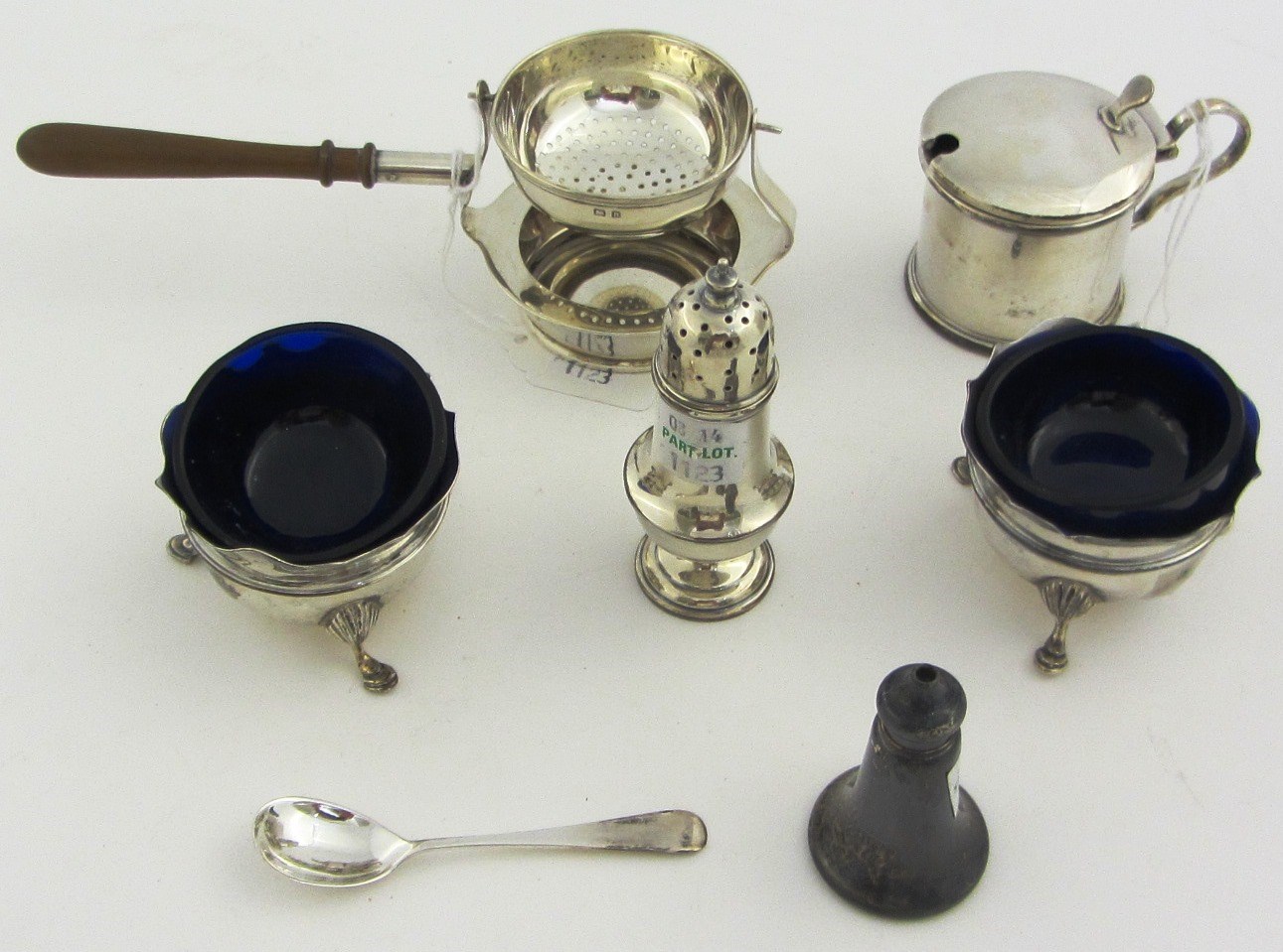 Appraisal: Silver and silver mounted wares comprising a pivoting tea strainer