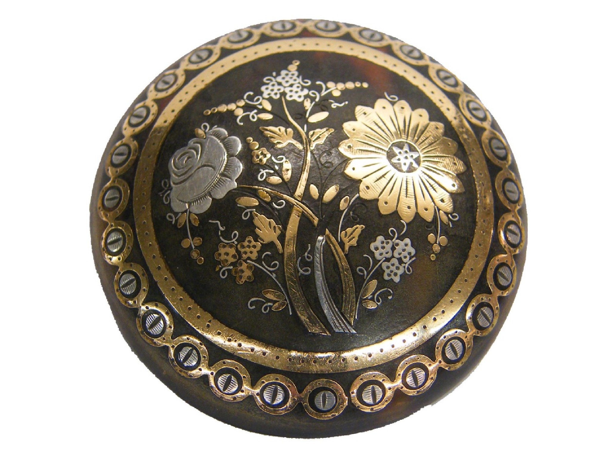 Appraisal: th century pique tortoiseshell circular domed brooch with floral designs