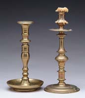 Appraisal: TWO EARLY TURNED BRASS CANDLESTICKS high round base with turned