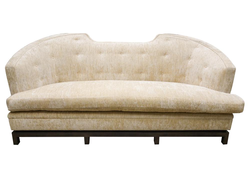 Appraisal: CONTEMPORARY SOFAunsigned covered with light beige textured fabric on dark