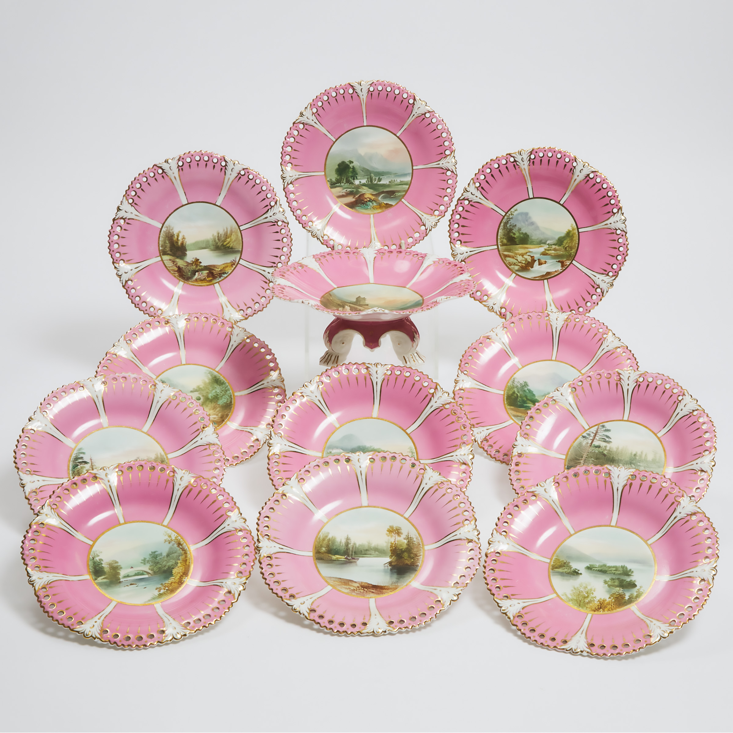 Appraisal: Sampson Bridgwood Pink Ground Topographical Dessert Service of Canadian Interest