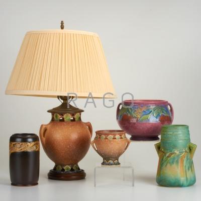 Appraisal: ROSEVILLE Five pieces Brown Ferella lamp and vase Pink Baneda