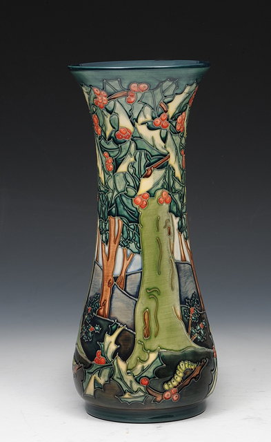 Appraisal: A WALTER MOORCROFT HOLLY HATCH PATTERN TALL VASE of waisted