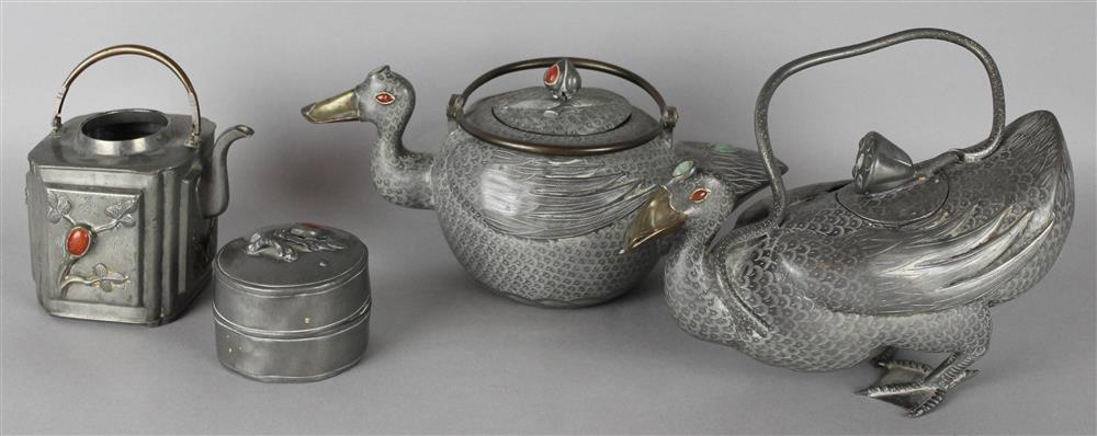 Appraisal: FOUR CHINESE HARDSTONE INLAID PEWTER PIECES including two duck form