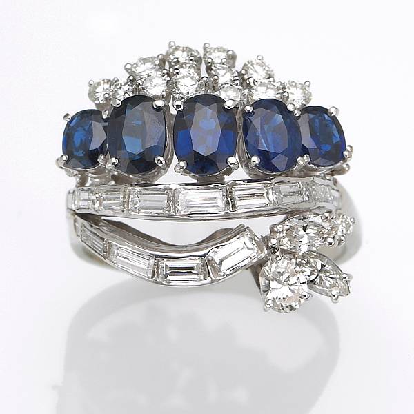 Appraisal: A sapphire diamond and white gold cluster ring estimated total