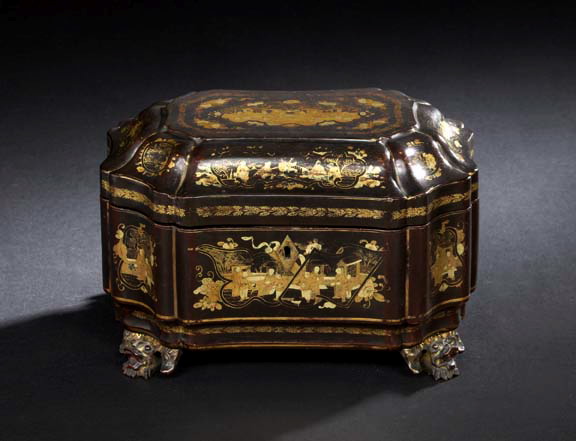 Appraisal: Chinese Export Deux-Couleur-Gilded Black-Lacquer Lobed Tea Box in Mandarins Garden