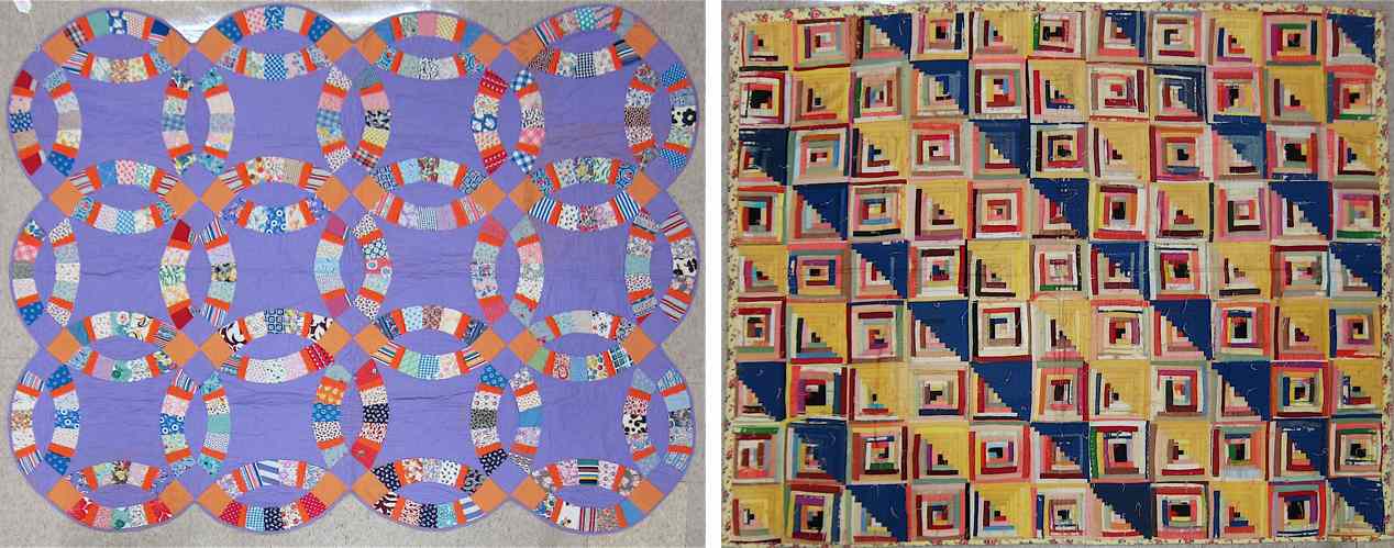 Appraisal: TWO AMERICAN PATCHWORK QUILTS Log Cabin Straight Furrow pattern mostly