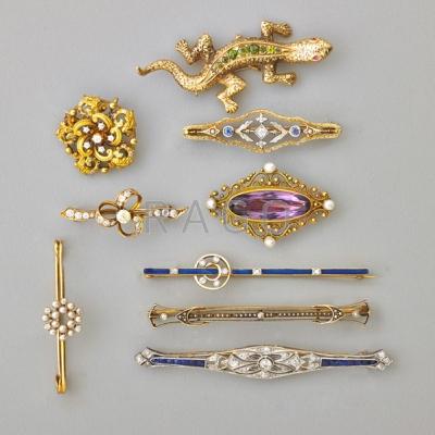 Appraisal: NINE ANTIQUE JEWELED GOLD BROOCHES Tiffany Co enameled k gold