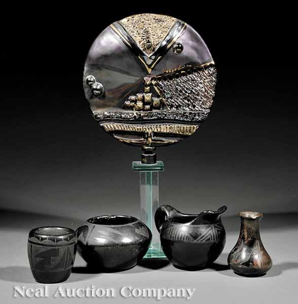 Appraisal: A Group of Four San Ildefonso Black-on-Black Pottery Objects including