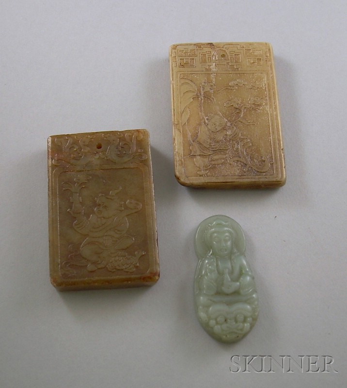 Appraisal: Three Carved Jade Pendants a rectangular pendant with man and