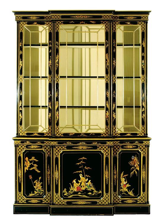 Appraisal: English black lacquer and chinoiserie breakfront bookcase th century molded