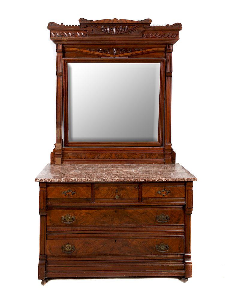 Appraisal: Walnut Victorian Eastlake Marble Top Dresser Mirror Good condition with