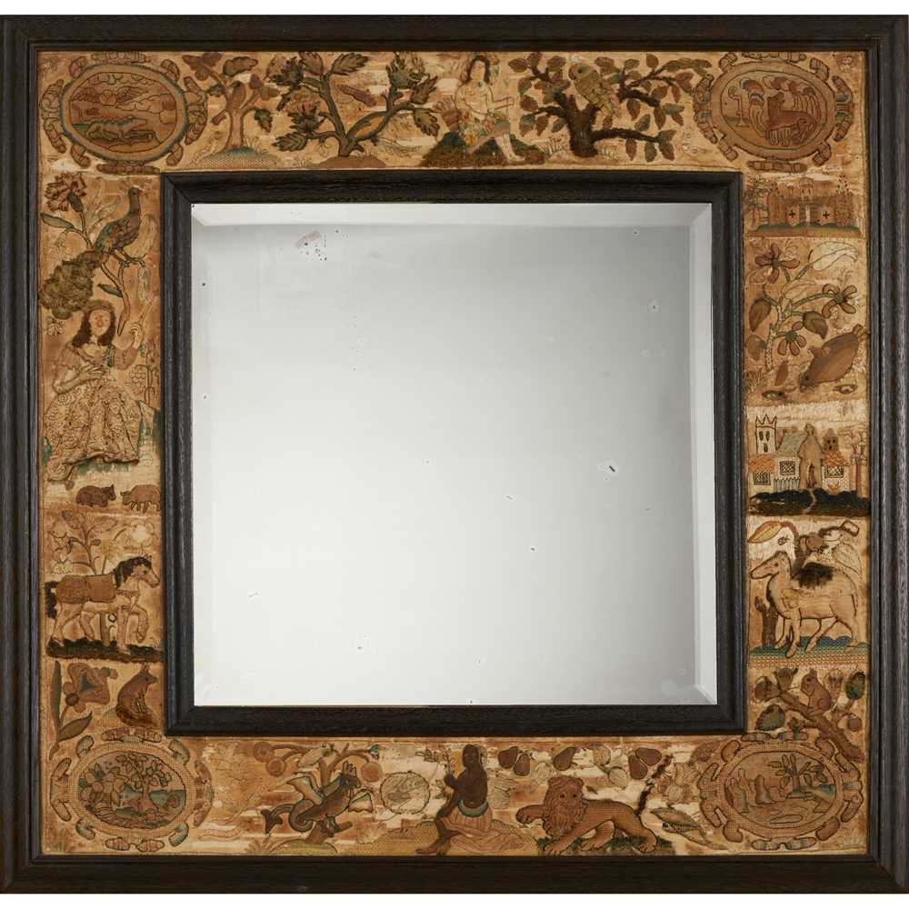 Appraisal: CHARLES II STUMPWORK FRAME TH CENTURY depicting figures exotic and