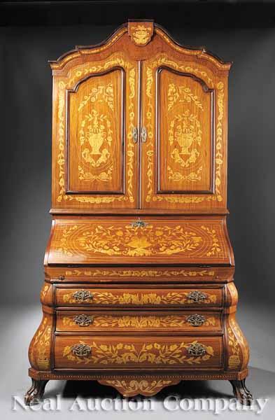 Appraisal: A Flemish-Style Mahogany and Marquetry Bomb Secretary the bonnet top