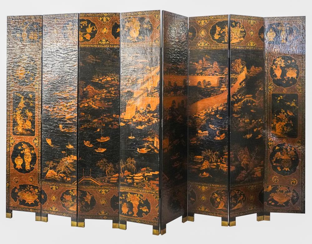 Appraisal: CHINESE LACQUERED EIGHT-PANEL SCREENdecorated to one side with a landscape