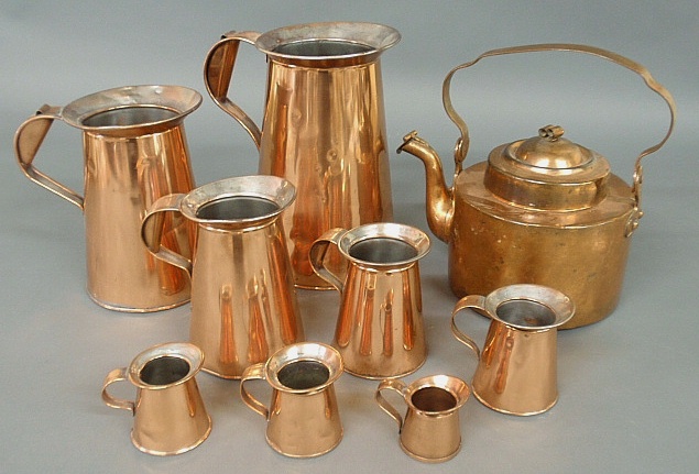 Appraisal: - Eight English copper graduated measures from h to h