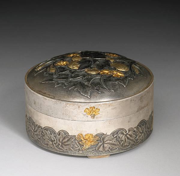 Appraisal: A circular silver box with gold accents th Century Signed