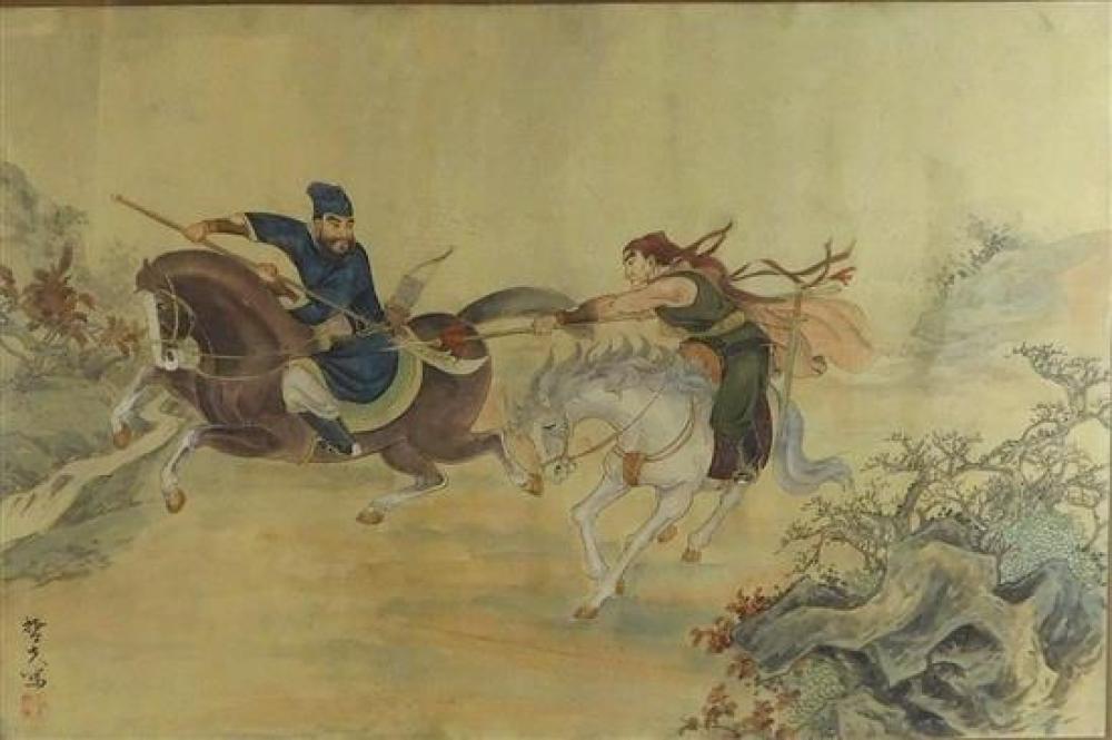 Appraisal: ASIAN Mixed media and watercolor on silk depicts warriors sparing