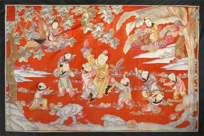 Appraisal: A Chinese embroidered panel depicting figures in a garden flanked