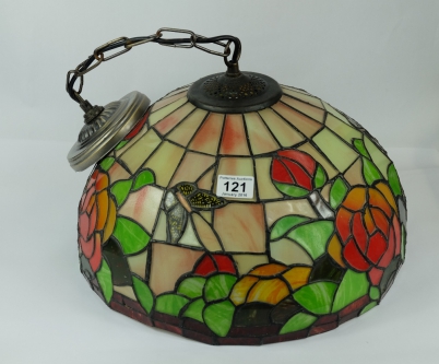 Appraisal: Large leaded glass Tiffany style ceiling lamp and bracket decorated