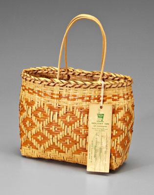 Appraisal: Cherokee river cane shopping basket two bentwood oak handles original