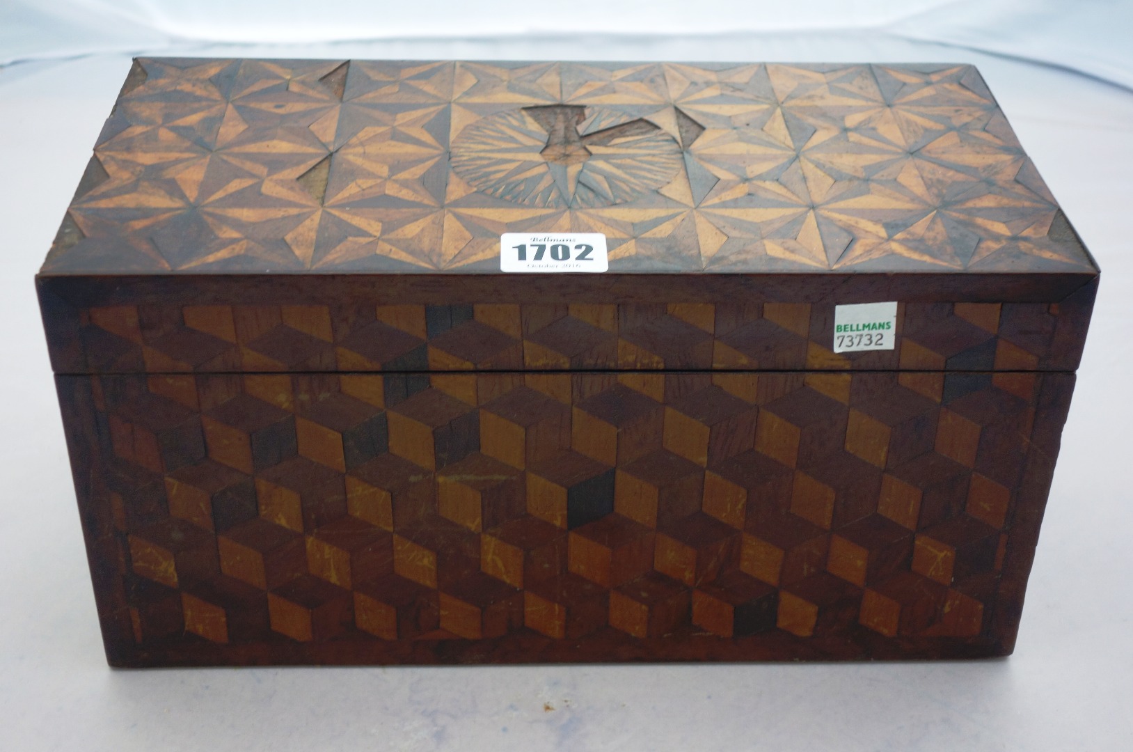 Appraisal: A th century deception cube parquetry inlaid rectangular tea caddy