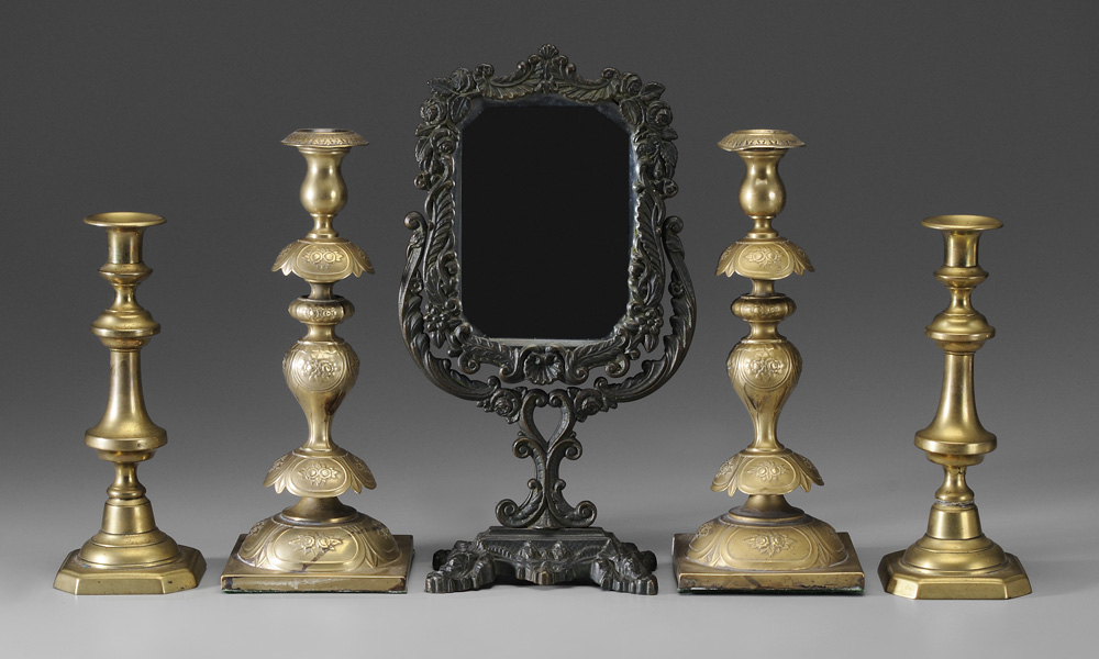 Appraisal: Two Pairs Brass Candlesticks Dressing Mirror pair English push-up type