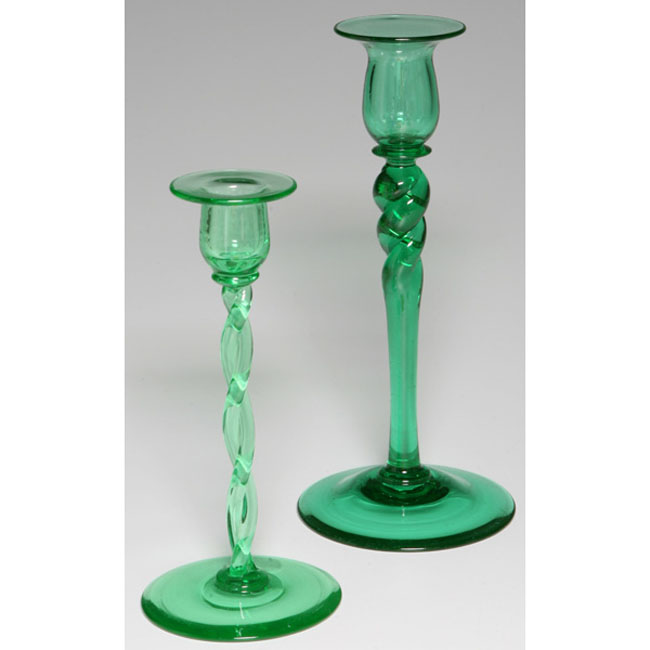 Appraisal: Steuben candlestick dark green glass with a twisted stem marked