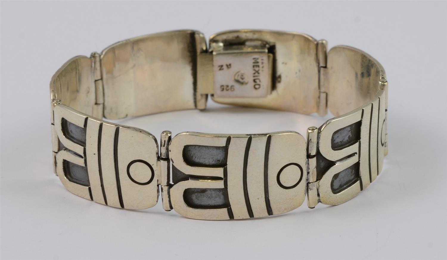 Appraisal: Mexican Silver Panel Bracelet marked AZ Hecho en Mexico long