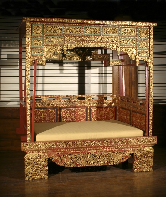 Appraisal: Chinese Mother-of-Pearl Inlaid Parcel Gilt and Red Lacquered Wood Canopy