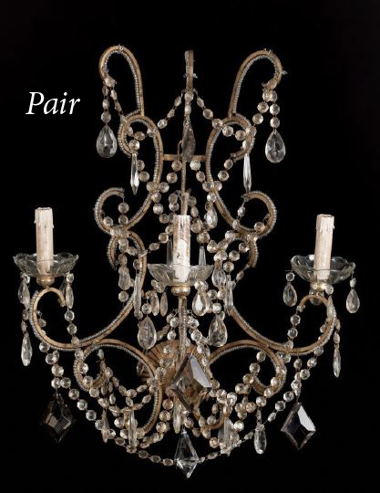 Appraisal: Pair of Austrian Gilded Wrought-Iron and Cut Glass Three-Light Appliques