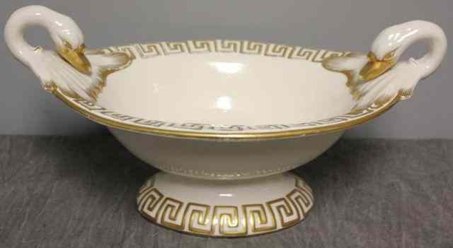 Appraisal: Neoclassical Porcelain Compote with Swan Handles Greek key motif From