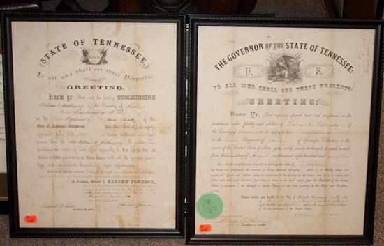 Appraisal: Presidential Autograph Two part-printed commissions by Andrew Johnson as Governor