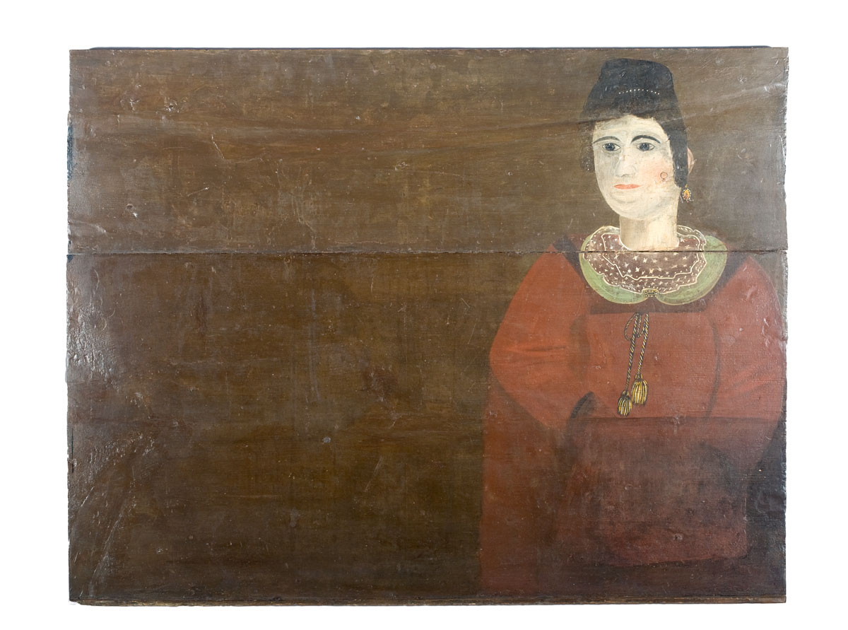 Appraisal: AMERICAN PRIMITIVE FIREBOARD OF A WOMAN IN RED EMPIRE DRESS