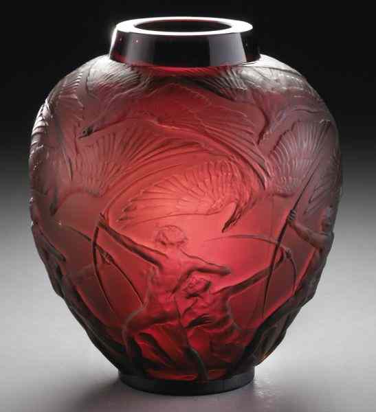 Appraisal: R Lalique ''Archers'' dark amber vasedepicting archers taking aim at