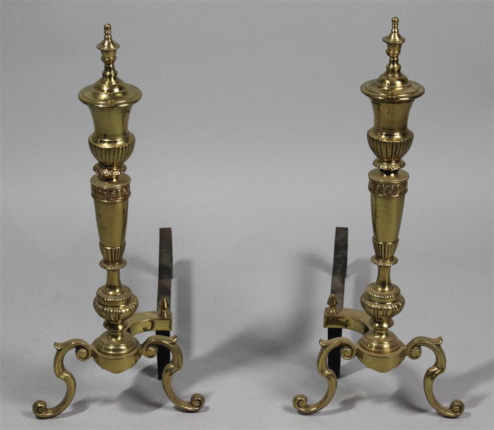 Appraisal: PAIR OF BRASS URN FINIAL ANDIRONS on cabriole leg supports