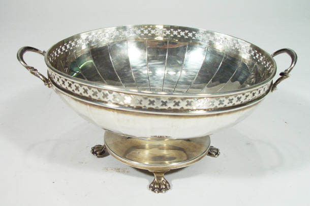 Appraisal: Circular two handled silver bowl with pierced rim on claw