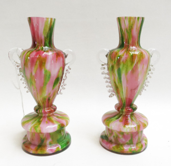 Appraisal: PAIR VICTORIAN CASED SPANGLE ART GLASS VASES hand blown urn