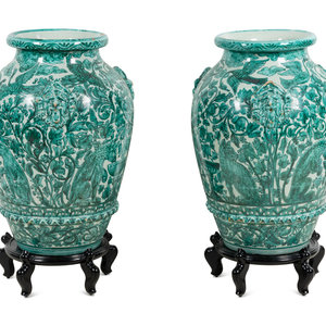 Appraisal: A Pair of Large Italian Green and White Glazed Ceramic