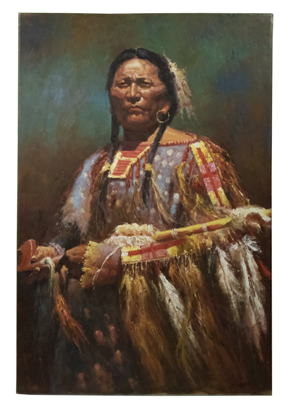 Appraisal: PAINTING OF NATIVE AMERICAN WARRIOR Oil on canvas signed ID