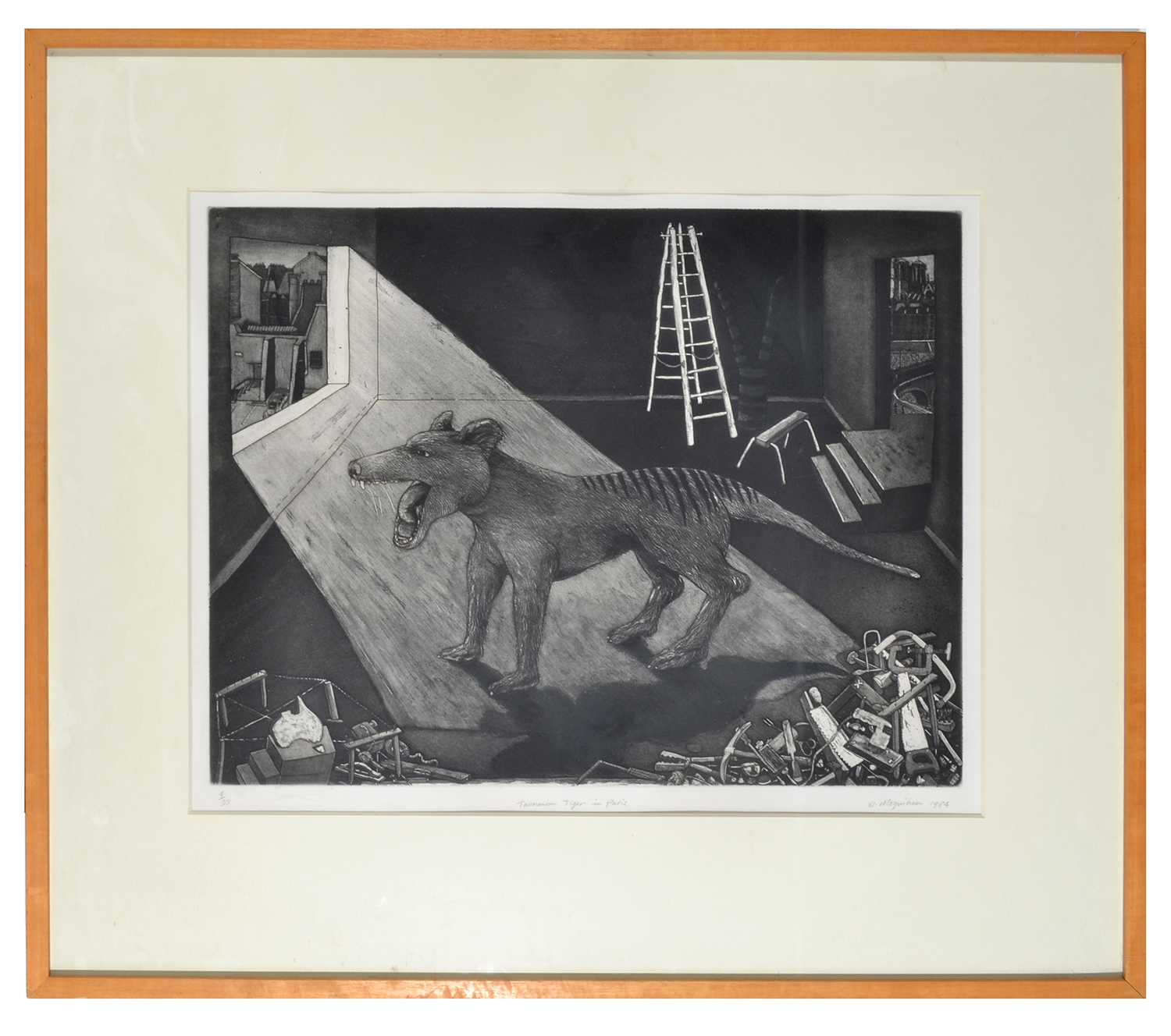 Appraisal: DANIEL MOYNIHAN ETHCING ''TASMANIAN TIGER IN PARIS'' FRAMED GLAZED OVERALL