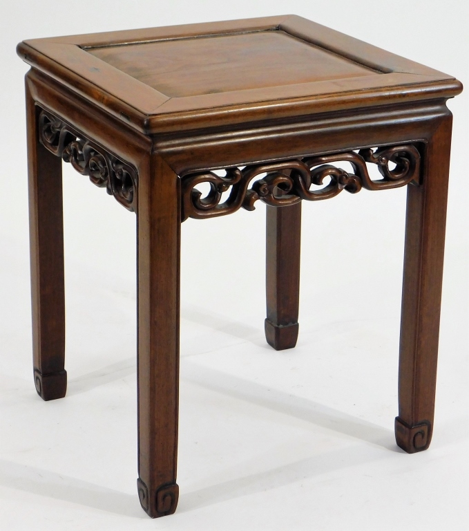 Appraisal: CHINESE HUANGHUALI CARVED WOOD SIDE TABLE China Qing DynastySquare top