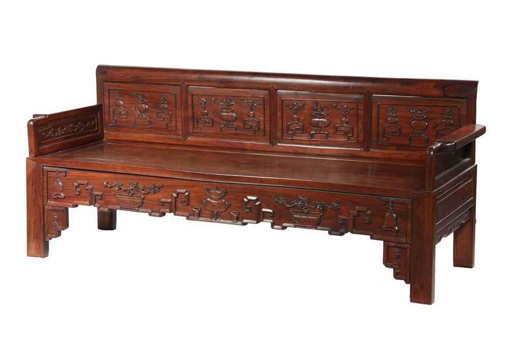 Appraisal: HALL BENCH - Solid rosewood carved Chinese hall bench four